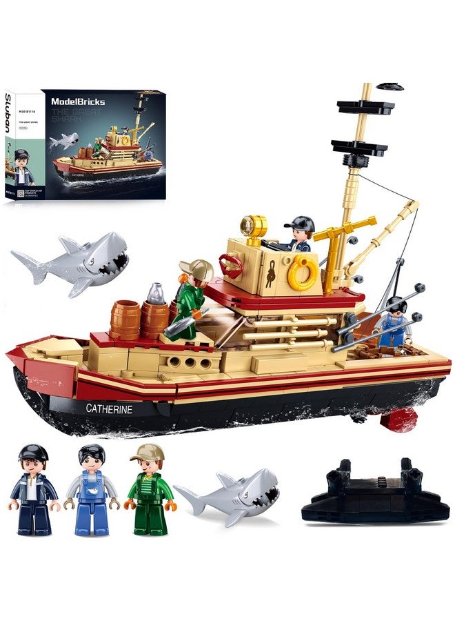 Sluban City Building Set with Shark Toys, Fishing Boat Building Toys with 3 Fisherman Minifigures, Suitable for Adult and Kids, Compatible with Lego, 592 PCS - Image 1