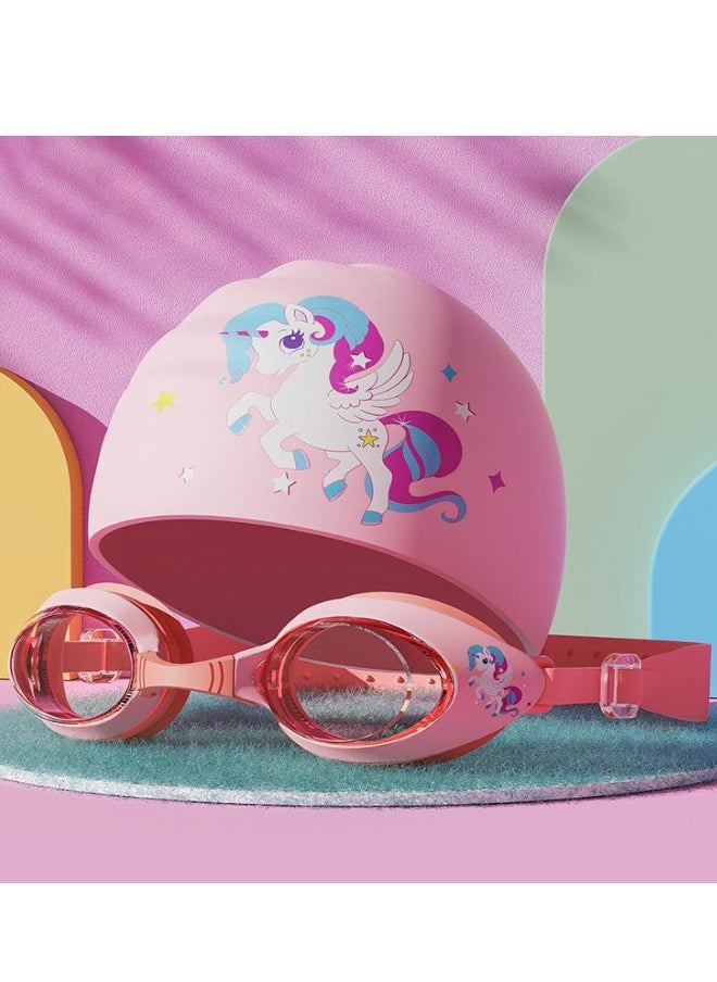 YUKE 4-Piece Set of Children's Swimming Caps -Goggles - Nose Clip & Earplugs, Waterproof Swimming Goggles for Kids, Cute Underwater Goggles, Lovely Cartoon Toddler Swim Goggles, Pink  - Image 1