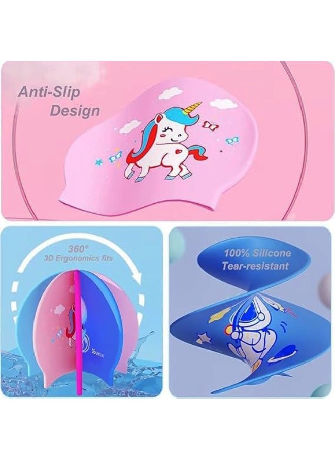 YUKE 4-Piece Set of Children's Swimming Caps -Goggles - Nose Clip & Earplugs, Waterproof Swimming Goggles for Kids, Cute Underwater Goggles, Lovely Cartoon Toddler Swim Goggles, Pink  - Image 2