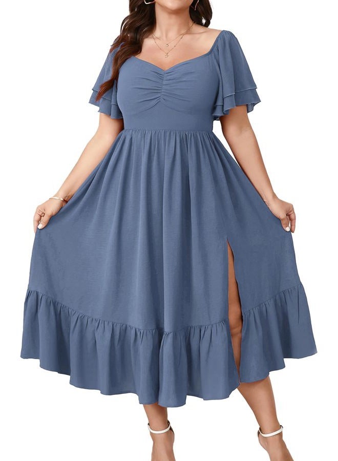 SCOMCHIC Womens Plus Size Wedding Guest Cocktail Dresses Sweetheart Neckline Short Sleeve Smocked Ruffle Slit Maxi Dress, Dusty Blue, 3XL Plus - Image 1