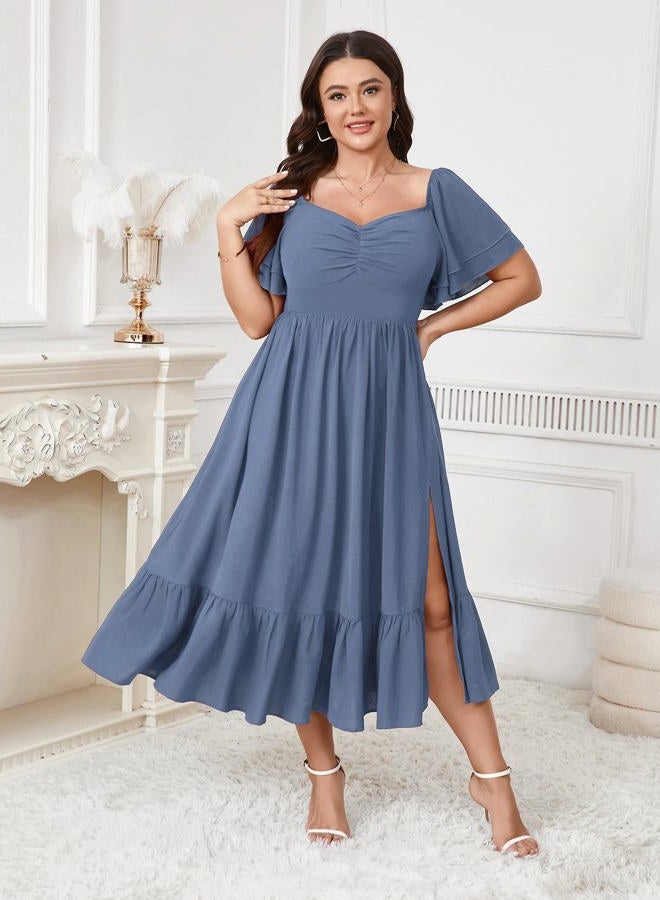 SCOMCHIC Womens Plus Size Wedding Guest Cocktail Dresses Sweetheart Neckline Short Sleeve Smocked Ruffle Slit Maxi Dress, Dusty Blue, 3XL Plus - Image 2