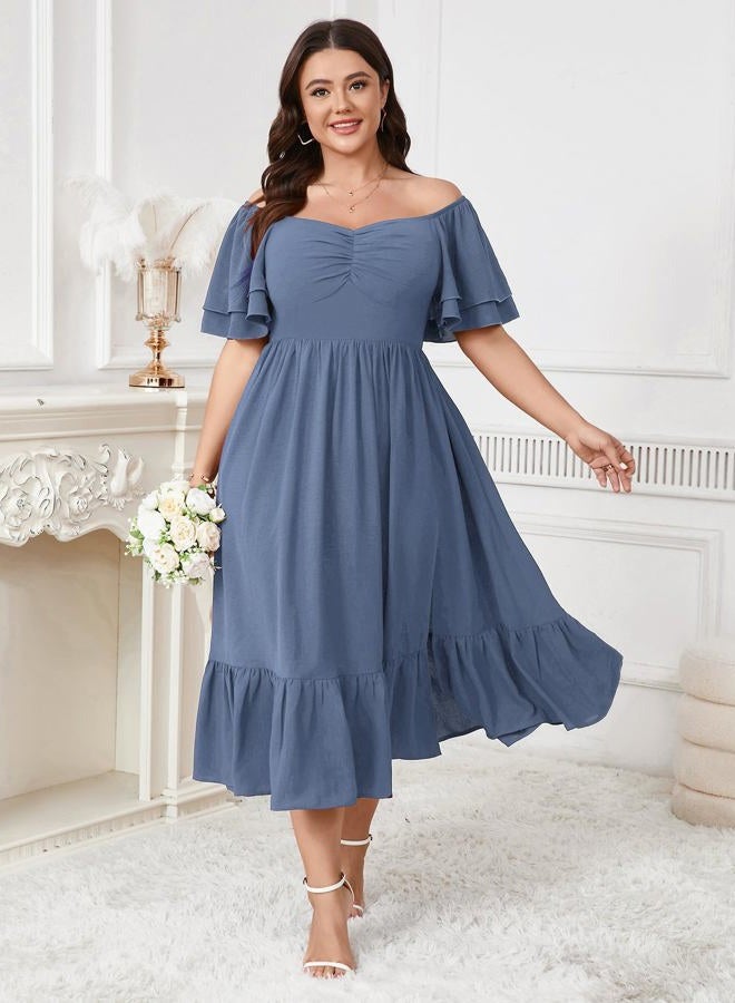 SCOMCHIC Womens Plus Size Wedding Guest Cocktail Dresses Sweetheart Neckline Short Sleeve Smocked Ruffle Slit Maxi Dress, Dusty Blue, 3XL Plus - Image 5