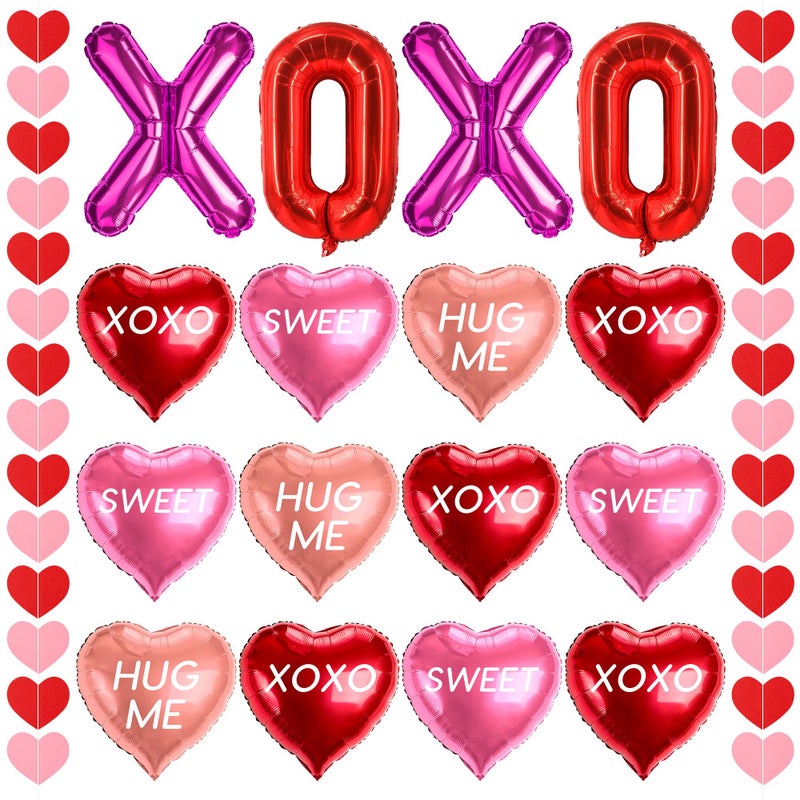 DMIGHT 18 Pcs Valentines Galentines Day Decorations, XOXO Letters Balloons, Love Foil Balloons with SWEET HUG ME Prints, Heart Hanging Garlands for Propose, Wedding Backdrop Party Supplies - Image 1
