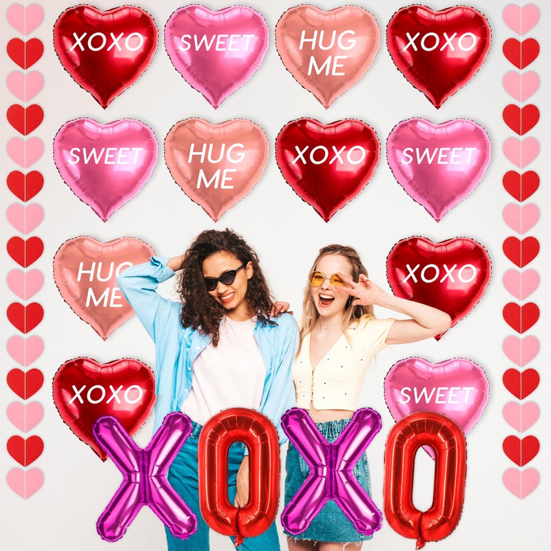 DMIGHT 18 Pcs Valentines Galentines Day Decorations, XOXO Letters Balloons, Love Foil Balloons with SWEET HUG ME Prints, Heart Hanging Garlands for Propose, Wedding Backdrop Party Supplies - Image 3