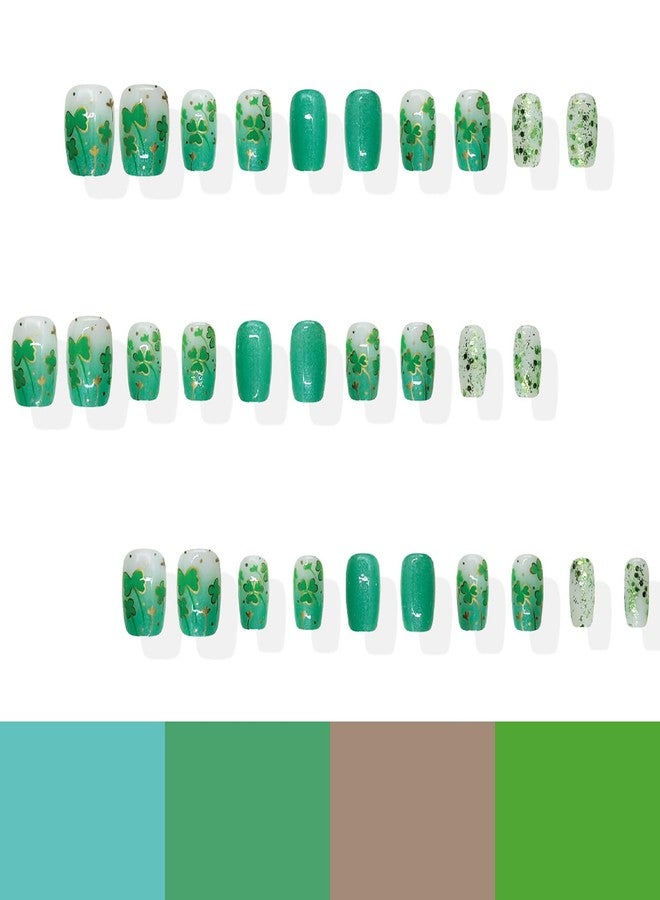 ASABITE 30Pcs St. Patrick’s Day Press on Nails Short Coffin Fake Nails with Lucky Clover Design Green Gradient False Nails Artificial Nails Press ons Glitter Full Cover Stick on Nail Spring Nail for Women - Image 4