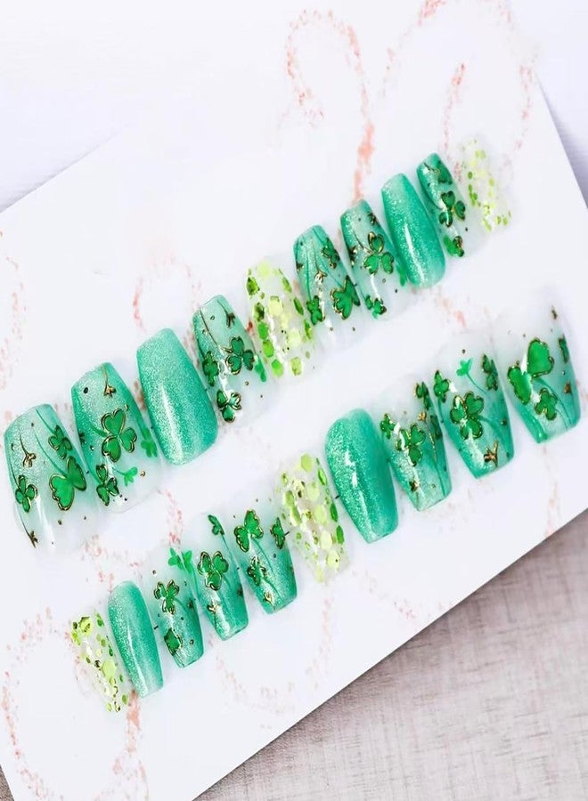 ASABITE 30Pcs St. Patrick’s Day Press on Nails Short Coffin Fake Nails with Lucky Clover Design Green Gradient False Nails Artificial Nails Press ons Glitter Full Cover Stick on Nail Spring Nail for Women - Image 2