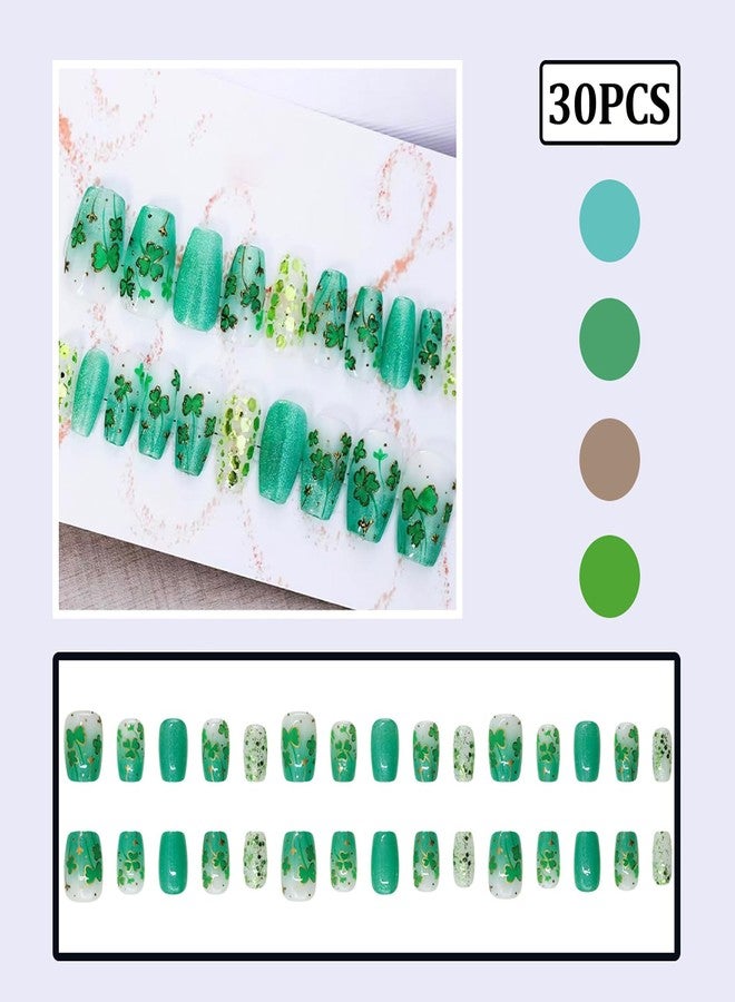 ASABITE 30Pcs St. Patrick’s Day Press on Nails Short Coffin Fake Nails with Lucky Clover Design Green Gradient False Nails Artificial Nails Press ons Glitter Full Cover Stick on Nail Spring Nail for Women - Image 3