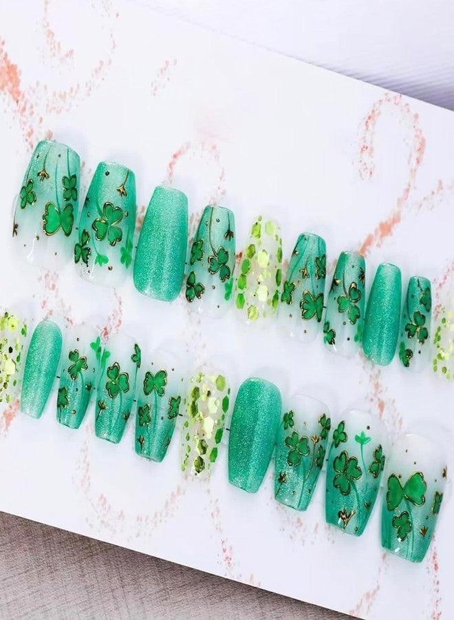 ASABITE 30Pcs St. Patrick’s Day Press on Nails Short Coffin Fake Nails with Lucky Clover Design Green Gradient False Nails Artificial Nails Press ons Glitter Full Cover Stick on Nail Spring Nail for Women - Image 1