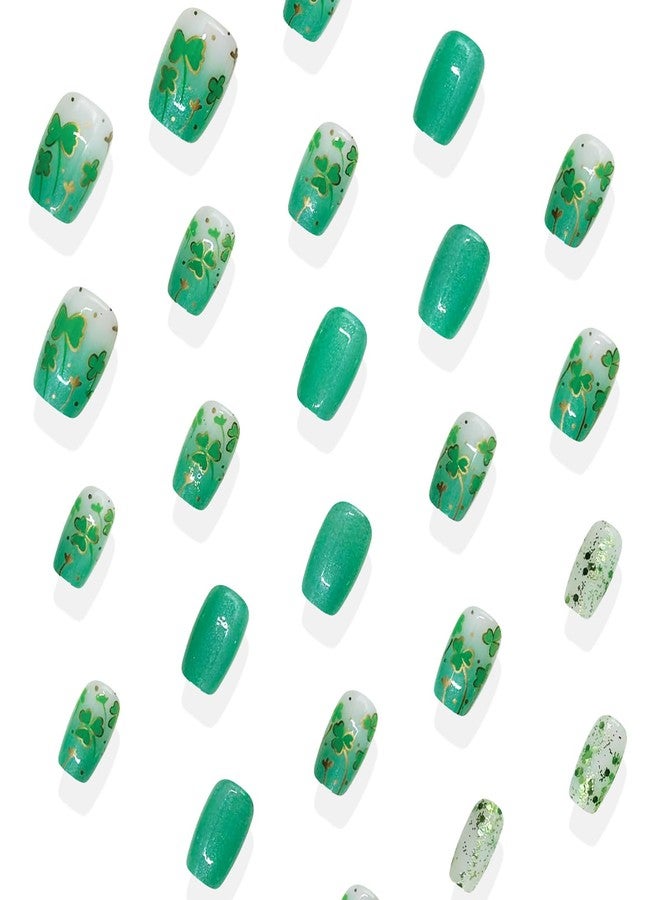 ASABITE 30Pcs St. Patrick’s Day Press on Nails Short Coffin Fake Nails with Lucky Clover Design Green Gradient False Nails Artificial Nails Press ons Glitter Full Cover Stick on Nail Spring Nail for Women - Image 5
