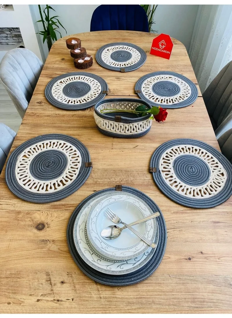 BDZ Deri BDZ Leather Jute Wicker American Service Plate and Basket 7 Pieces