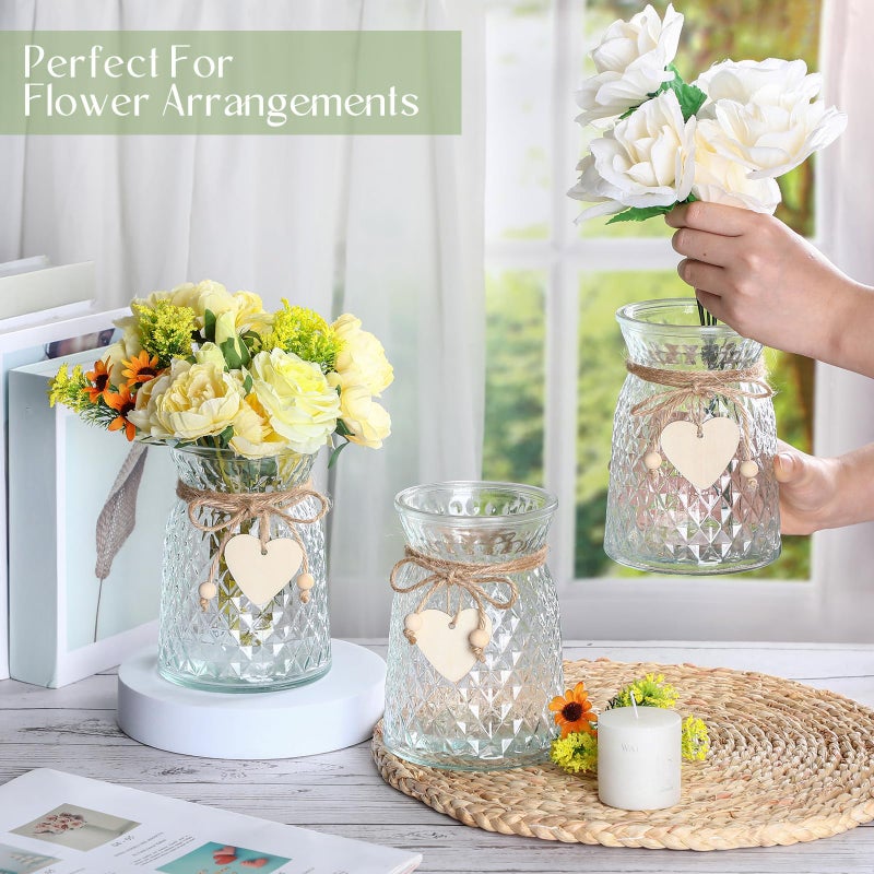 Tiangrid 3 Pcs Glass Bud Vases with Twine Rope and Heart Label 6.3 Inch Boho Vintage Vase Flower Decorative Glass Vase for Centerpieces Holiday Wedding Home Table Decorations (Clear) - Image 3