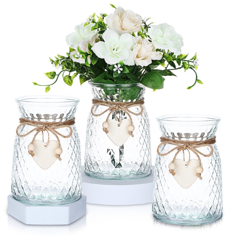 Tiangrid 3 Pcs Glass Bud Vases with Twine Rope and Heart Label 6.3 Inch Boho Vintage Vase Flower Decorative Glass Vase for Centerpieces Holiday Wedding Home Table Decorations (Clear) - Image 1