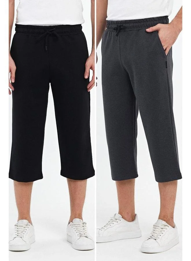 Men's Black-Anthracite Knee-Length Bermuda Shorts with Side Pockets and Adjustable Elastic Drawstring Waist, 2-Pack