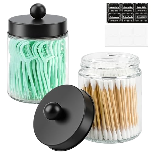 Goramio 2 Pack Glass Apothecary Jars with Lids for Bathroom, Cute Qtip Holder, Black Bathroom Accessories Set, Small Bathroom Canisters with Lids for Q-Tips, Cotton Swabs, Black Bathhouses Decor - Image 1