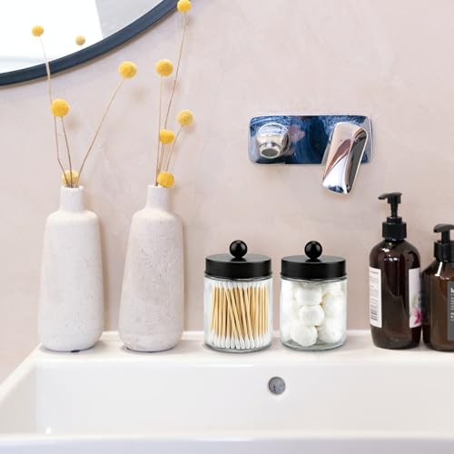 Goramio 2 Pack Glass Apothecary Jars with Lids for Bathroom, Cute Qtip Holder, Black Bathroom Accessories Set, Small Bathroom Canisters with Lids for Q-Tips, Cotton Swabs, Black Bathhouses Decor - Image 2
