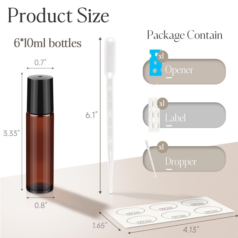 ZEJIA 10ml Roller Bottles for Essential Oils, 6 Pack Glass Roll on Bottles, Refillable Perfume Bottle, with Stainless Steel Roller Balls, 2 Droppers, 1 Opener, Labels(Amber) - Image 2