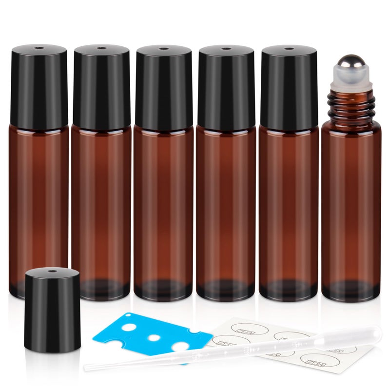 ZEJIA 10ml Roller Bottles for Essential Oils, 6 Pack Glass Roll on Bottles, Refillable Perfume Bottle, with Stainless Steel Roller Balls, 2 Droppers, 1 Opener, Labels(Amber) - Image 1