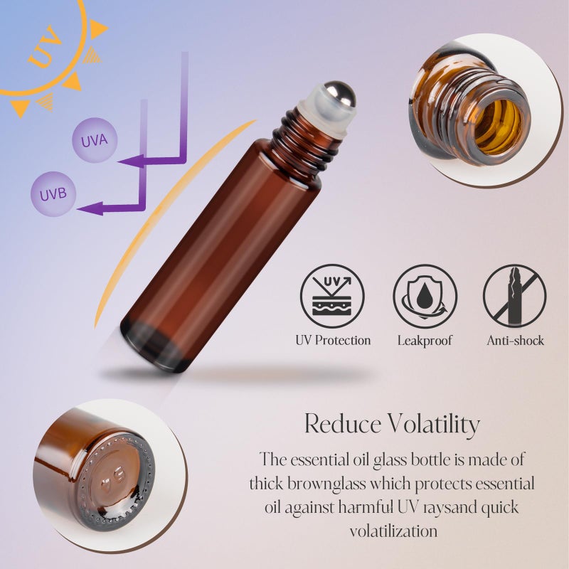 ZEJIA 10ml Roller Bottles for Essential Oils, 6 Pack Glass Roll on Bottles, Refillable Perfume Bottle, with Stainless Steel Roller Balls, 2 Droppers, 1 Opener, Labels(Amber) - Image 5