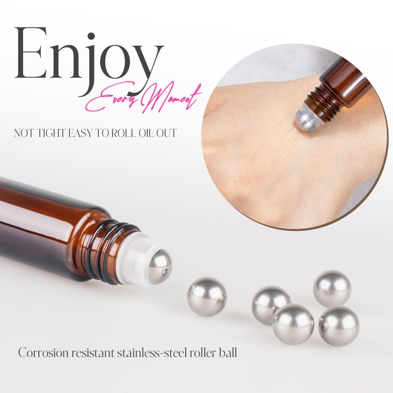 ZEJIA 10ml Roller Bottles for Essential Oils, 6 Pack Glass Roll on Bottles, Refillable Perfume Bottle, with Stainless Steel Roller Balls, 2 Droppers, 1 Opener, Labels(Amber) - Image 4