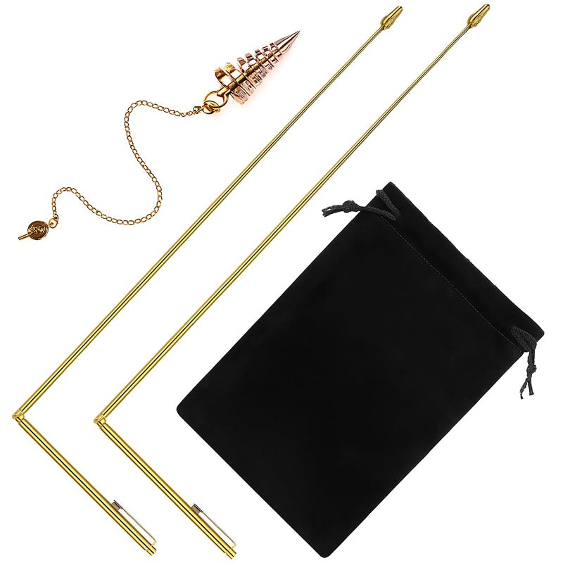 Jadive عصي تحديد المواقع النحاسية 3 قطع وبندول تحديد المواقع لصيد الأشباح، شفاء الطاقة، تحديد المياه تشمل 2 عصي تحديد مواقع قابلة للسحب بمقبض نحاسي و1 بندول قلادة (ذهبي) - Image 1