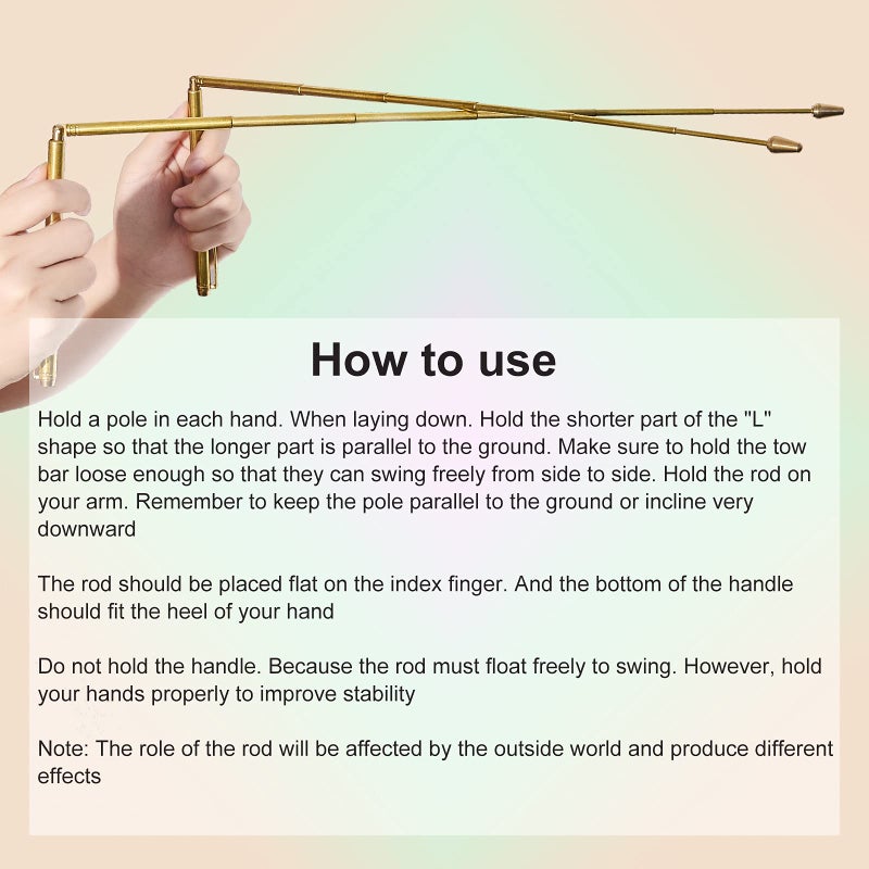 Jadive عصي تحديد المواقع النحاسية 3 قطع وبندول تحديد المواقع لصيد الأشباح، شفاء الطاقة، تحديد المياه تشمل 2 عصي تحديد مواقع قابلة للسحب بمقبض نحاسي و1 بندول قلادة (ذهبي) - Image 5