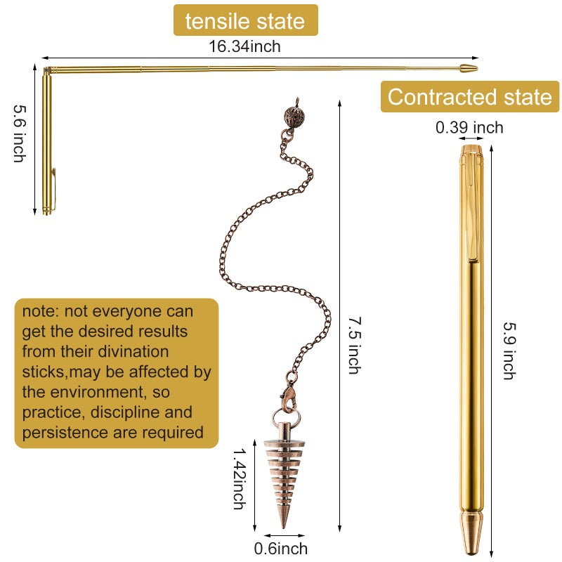 Jadive عصي تحديد المواقع النحاسية 3 قطع وبندول تحديد المواقع لصيد الأشباح، شفاء الطاقة، تحديد المياه تشمل 2 عصي تحديد مواقع قابلة للسحب بمقبض نحاسي و1 بندول قلادة (ذهبي) - Image 2