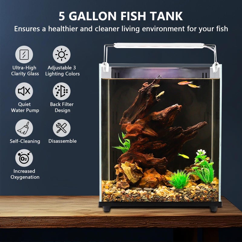 fishkeeper 5 Gallon Fish Tank Starter Kit, Small Aquarium with Filter and Adjustable 3 Color Lighting Self Cleaning Fish Bowl Rimless Aquarium for Beginners (Freshwater Fish Tank) - Image 2