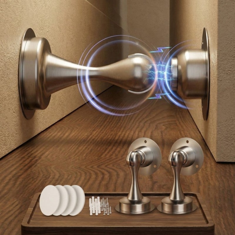 Magnetic Door Stopper: 2-Pack Silver Stainless Steel - No Drilling Installation Gentle Door Protection Keep Doors Securely Open for Home Interior Exterior Use - Image 1