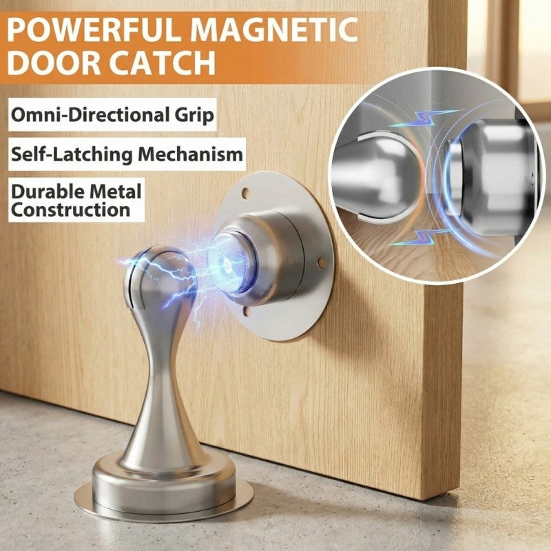 Magnetic Door Stopper: 2-Pack Silver Stainless Steel - No Drilling Installation Gentle Door Protection Keep Doors Securely Open for Home Interior Exterior Use - Image 2