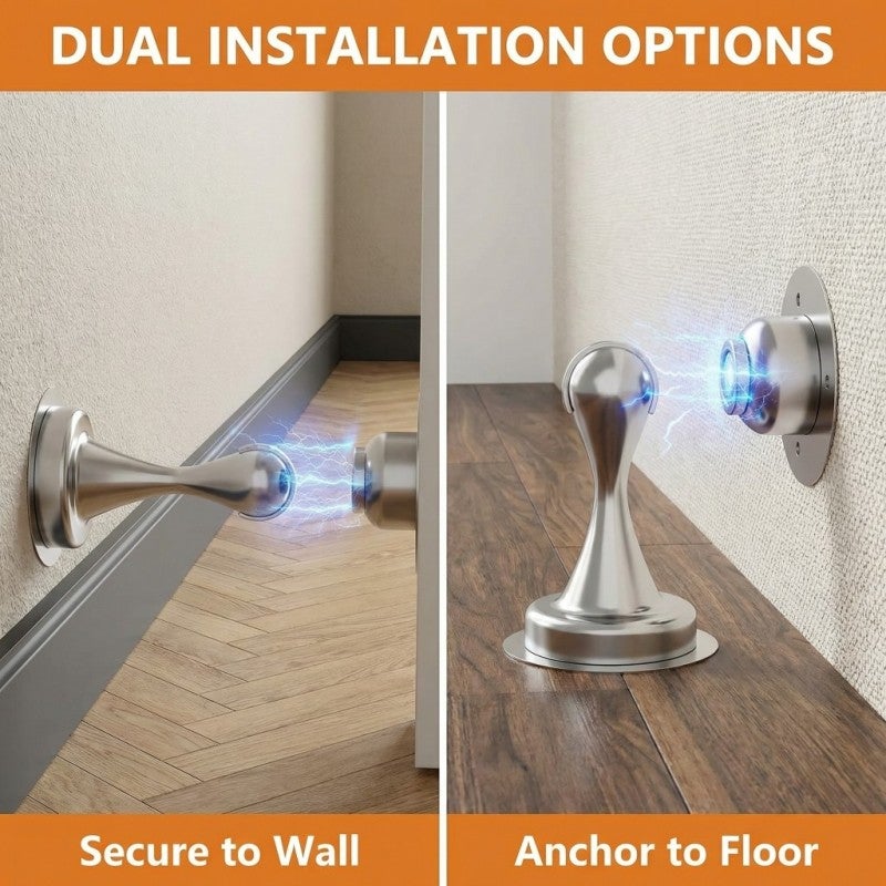 Magnetic Door Stopper: 2-Pack Silver Stainless Steel - No Drilling Installation Gentle Door Protection Keep Doors Securely Open for Home Interior Exterior Use - Image 3