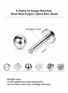 SYOSI 6 Pairs Stainless Steel Nose Studs Tragus Bars Labret Bars Crystal Ball Body Piercing Jewelry, Nose Lips Piercing Assorted Design Piercing Jewelry, 6 Designs, 16 Gauge  - Image 4