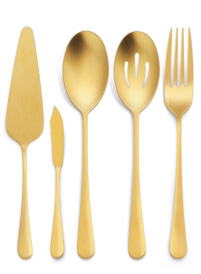 LIANYU 5-Piece Matte Gold Serving Utensils Set, Stainless Steel Serving Set Include Serving Spoon Fork, Flatware Serving Pieces for Buffet Catering, Satin Finish, Dishwasher Safe - Image 1