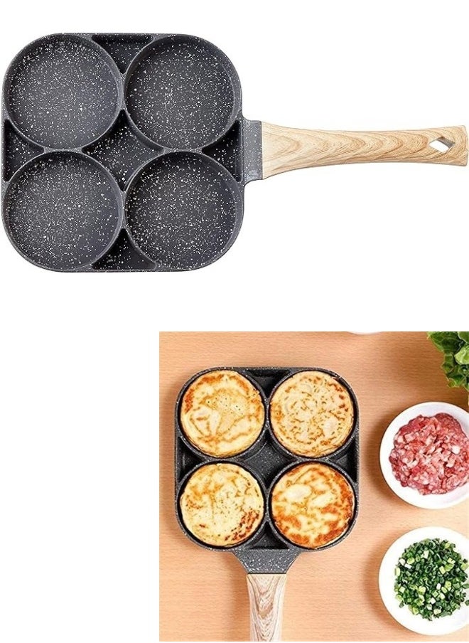 Generic - 4 Hole Omlet Fry Pan With Wooden Handle For Burger And Ham Pancake Grey/Brown - Image 1