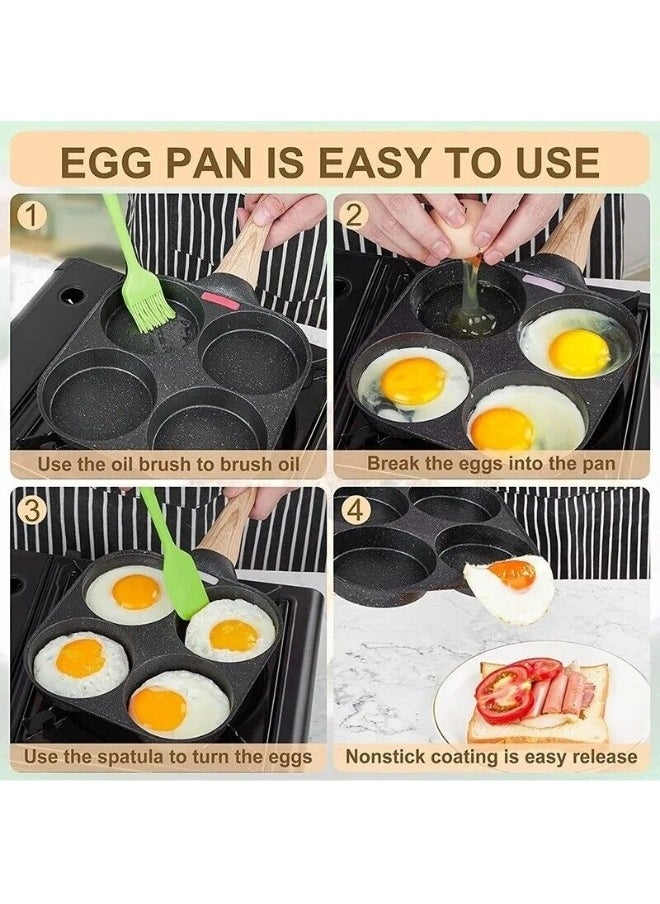 Generic - 4 Hole Omlet Fry Pan With Wooden Handle For Burger And Ham Pancake Grey/Brown - Image 1