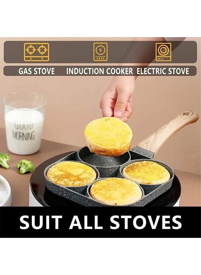 Generic - 4 Hole Omlet Fry Pan With Wooden Handle For Burger And Ham Pancake Grey/Brown - Image 1