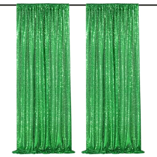 QueenDream Green Sequin Backdrop Curtains 2 Panels 2FTx8FT Christmas Party Backdrop Glitter Birthday Bridal Wedding Curtains Sparkle Photo Backdrop - Image 1