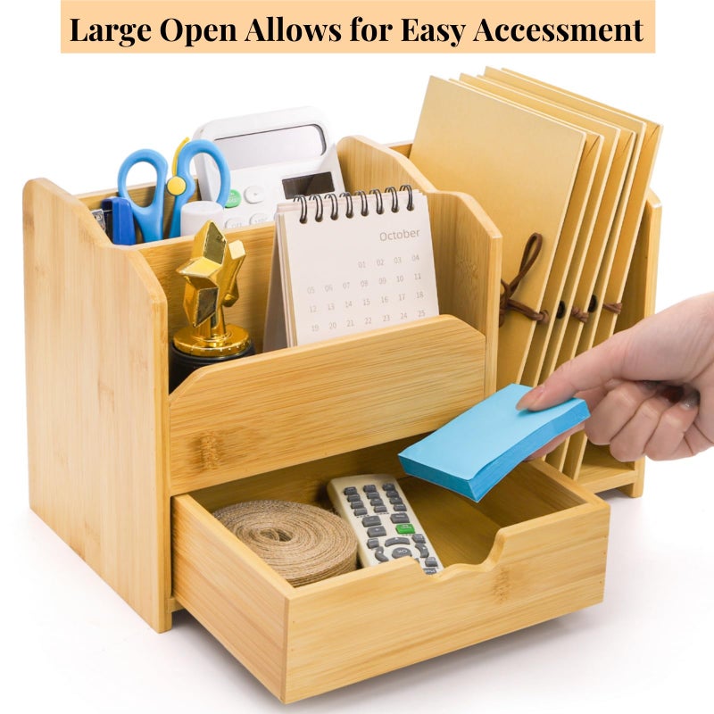 ZAVOOS Bamboo Desk Organizer, Multi Use Tabletop Storage Office Supplies with Drawer Pen Holder, 5 Compartments Heavy Duty Desk Accessories for Home Office Organization, No Assembly Required - Image 3