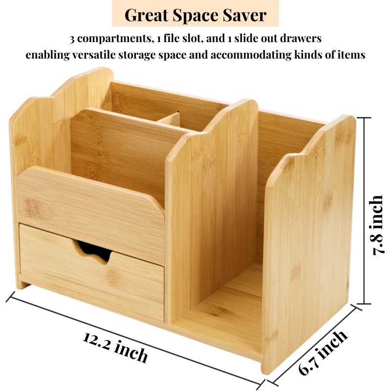 ZAVOOS Bamboo Desk Organizer, Multi Use Tabletop Storage Office Supplies with Drawer Pen Holder, 5 Compartments Heavy Duty Desk Accessories for Home Office Organization, No Assembly Required - Image 2