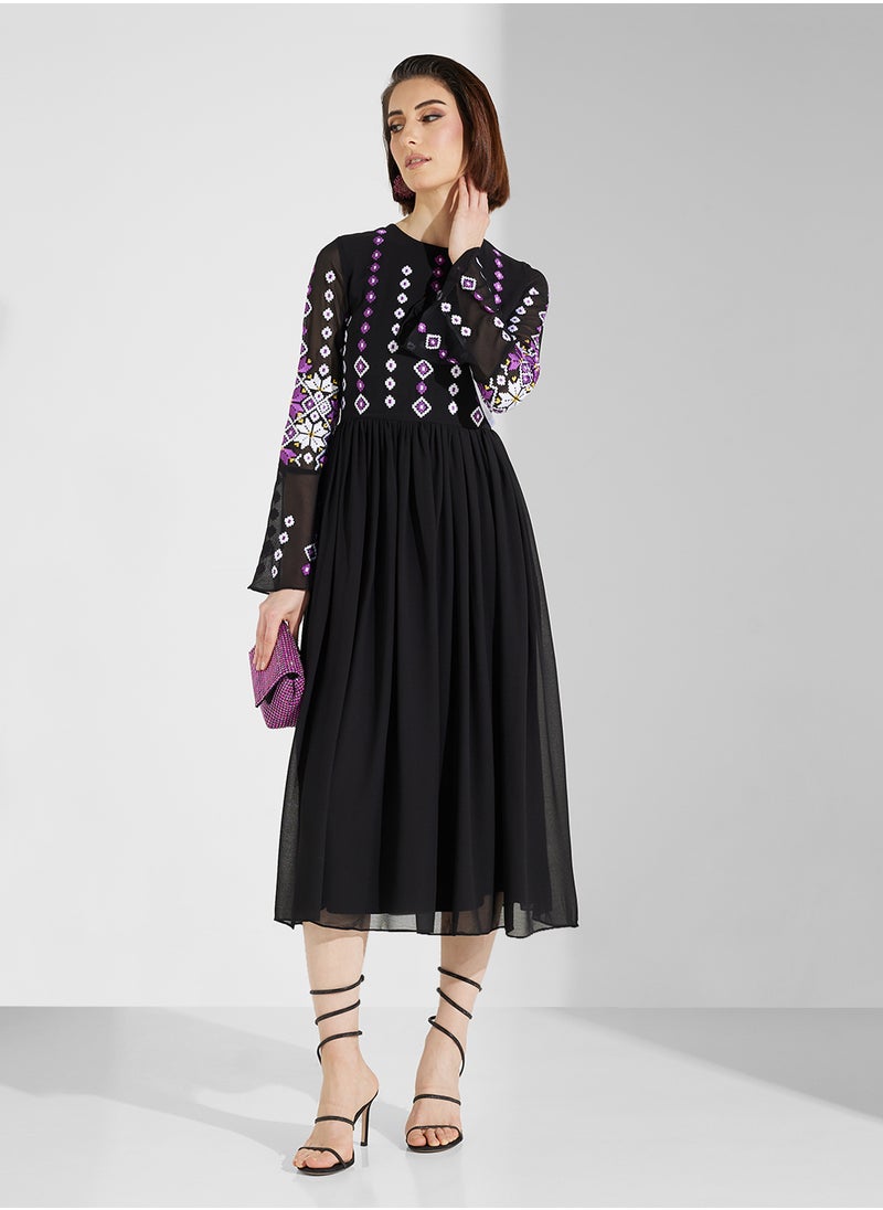 Frock and Frill Embroidered Chiffon Midi Dress  - Image 1