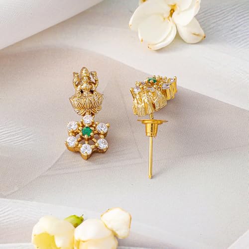 Rubans Necklace Set Floral Women Temple Jewellery with Lakshmi Motif & Green CZ Jewellery Gift for Women & Girls - Image 3