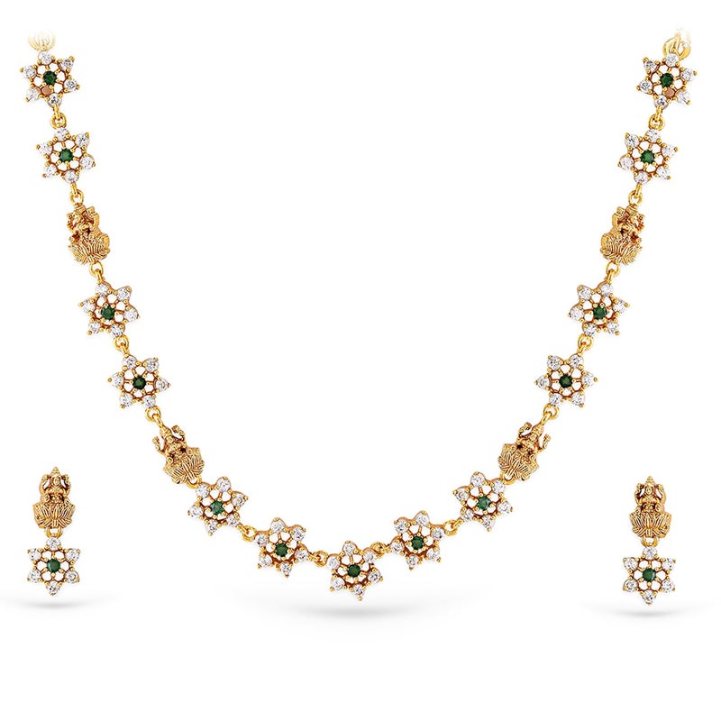 Rubans Necklace Set Floral Women Temple Jewellery with Lakshmi Motif & Green CZ Jewellery Gift for Women & Girls - Image 4