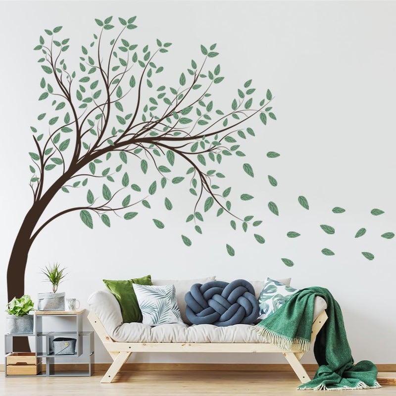 Prabahdak 4 Sheets Green Tree Wall Decals Big Tree Wall Stickers Large DIY Peel and Stick Flying Leaves Wall Decor for Kids Bedroom Living Room Nursery Rooms TV Sofa Background Decoration - Image 3