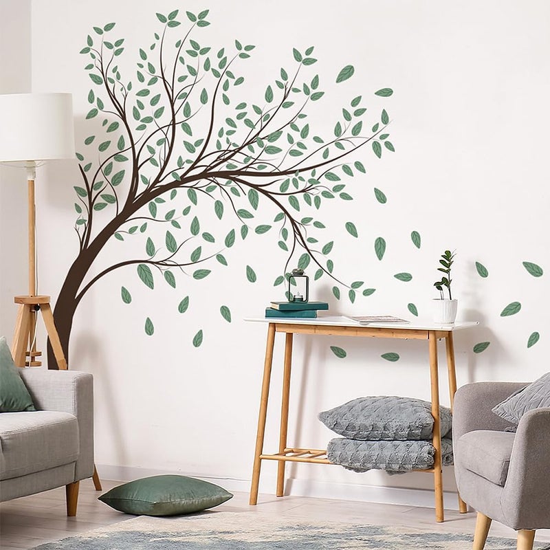Prabahdak 4 Sheets Green Tree Wall Decals Big Tree Wall Stickers Large DIY Peel and Stick Flying Leaves Wall Decor for Kids Bedroom Living Room Nursery Rooms TV Sofa Background Decoration - Image 2