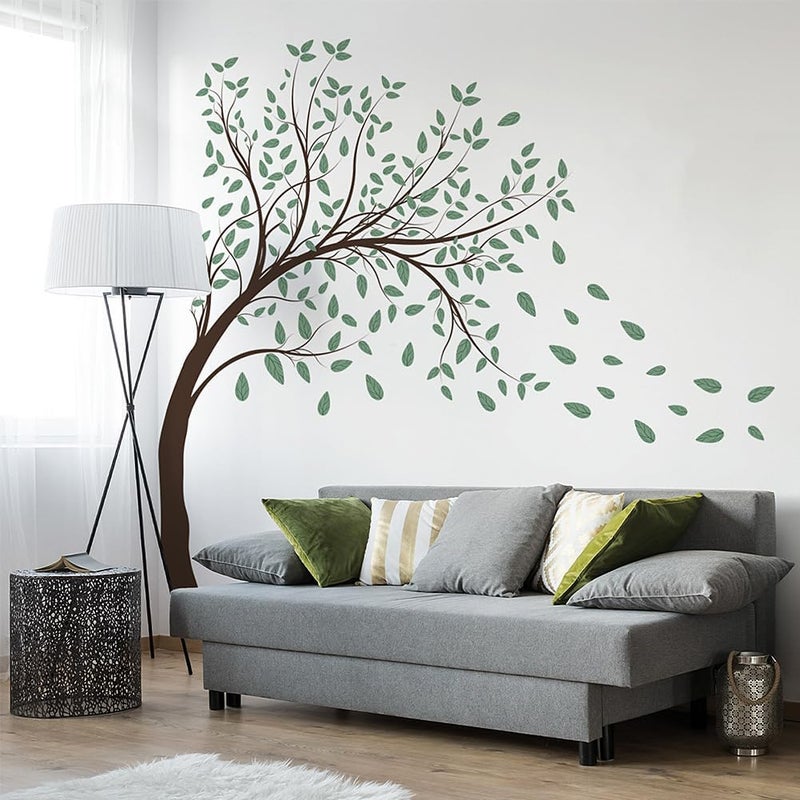 Prabahdak 4 Sheets Green Tree Wall Decals Big Tree Wall Stickers Large DIY Peel and Stick Flying Leaves Wall Decor for Kids Bedroom Living Room Nursery Rooms TV Sofa Background Decoration - Image 1