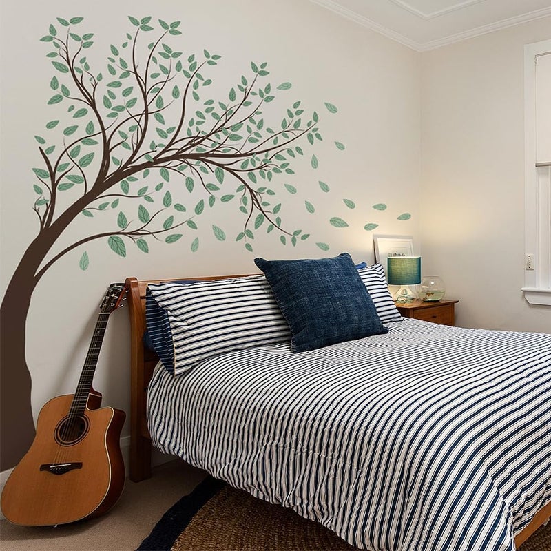 Prabahdak 4 Sheets Green Tree Wall Decals Big Tree Wall Stickers Large DIY Peel and Stick Flying Leaves Wall Decor for Kids Bedroom Living Room Nursery Rooms TV Sofa Background Decoration - Image 4