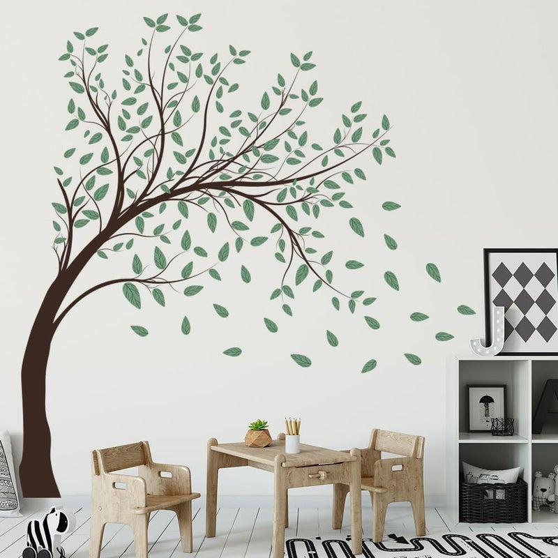 Prabahdak 4 Sheets Green Tree Wall Decals Big Tree Wall Stickers Large DIY Peel and Stick Flying Leaves Wall Decor for Kids Bedroom Living Room Nursery Rooms TV Sofa Background Decoration - Image 5