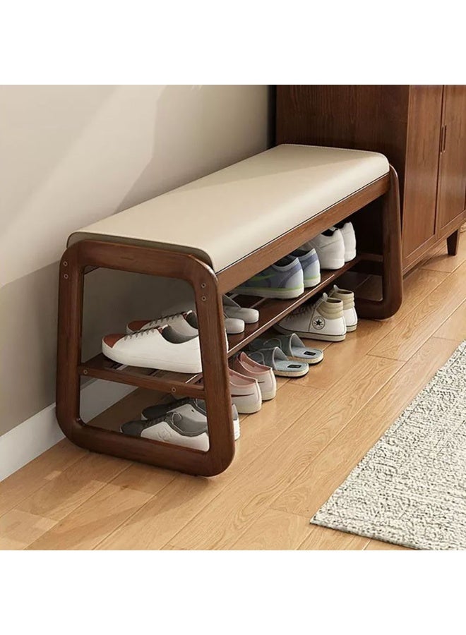 Generic Shoe Bench Rack, Solid Wood Entryway Bench with Cushioned Seat and Shoe Rack, Modern Shoe Cabinet Organizer for Living Room Bedroom (White with Brown, 100cm)  - Image 1