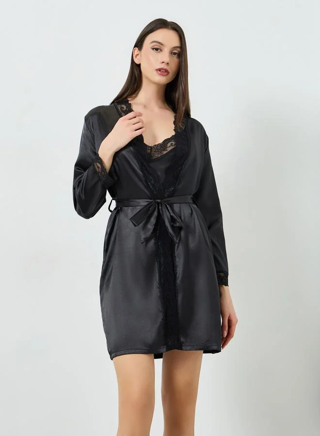 Styli Pack of 2 - Satin V Neck Lace Detail Slip Dress and Robe Set