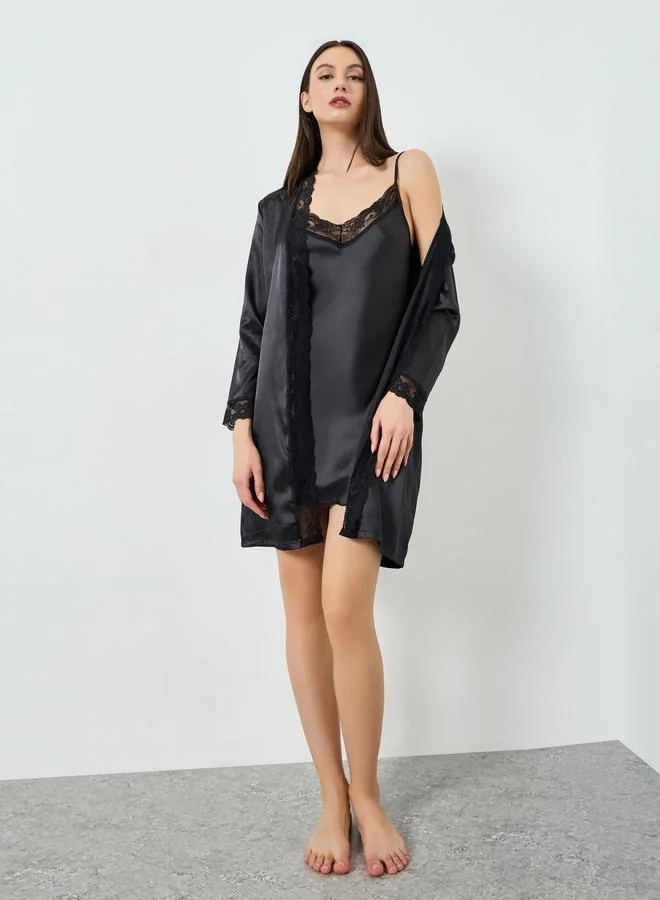 Styli Pack of 2 - Satin V Neck Lace Detail Slip Dress and Robe Set
