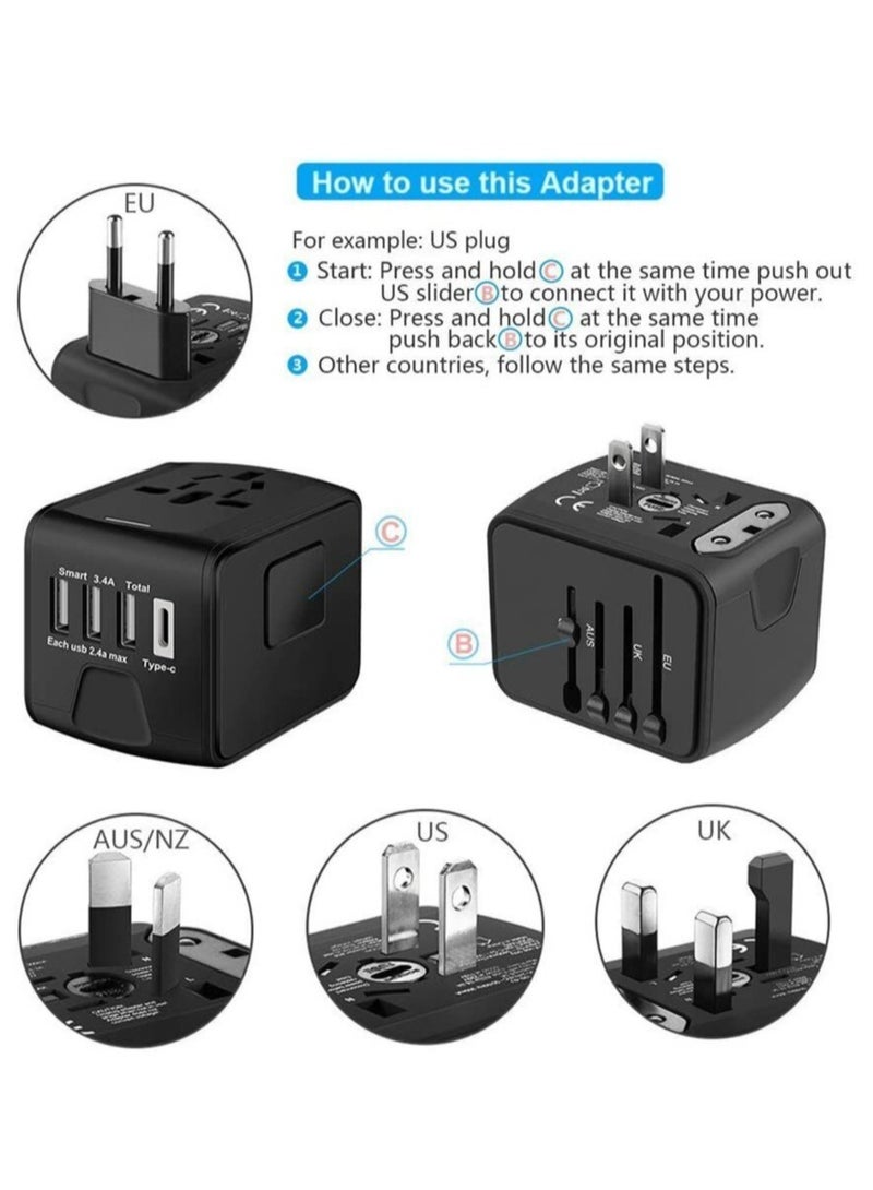 ELTRAZONE Universal Travel Adapter with Multiple Regional Power Socket Plugs for UK US AU and Plug Adaptor with 3 Ultra-Fast USB Charging Port and 1 Brisk USB Type C Port (Black) - Image 4